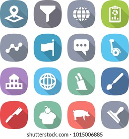 flat vector icon set - pointer vector, funnel, globe, report, graph, flag, message, gyroscooter, cottage, stands for knives, big spoon, chef knife, cupcake, pig, scraper
