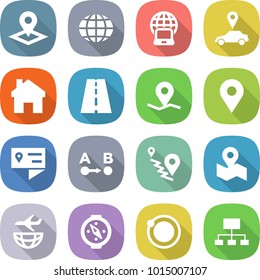 flat vector icon set - pointer vector, globe, notebook, car, home, road, geo pin, location details, route a to b, map, plane shipping, compass, orbit, hierarchy