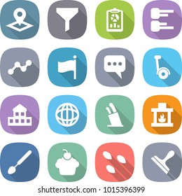flat vector icon set - pointer vector, funnel, report, diagram, graph, flag, message, gyroscooter, cottage, globe, stands for knives, fireplace, big spoon, cupcake, seeds, scraper
