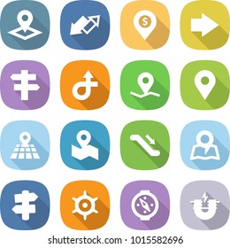 flat vector icon set - pointer vector, up down arrow, dollar pin, right, singlepost, trip, geo, map, escalator, signpost, handwheel, compass, electric magnet