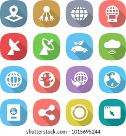 flat vector icon set - pointer vector, share, globe, notebook, satellite antenna, eco car, cloud wireless, delivery, earth, passport, orbit, browser window