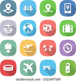 flat vector icon set - pointer vector, bridge, geo pin, mobile location, plane shipping, earth, trailer, suitcase, baggage get, departure, palm hammock, compass, inflatable pool, please clean