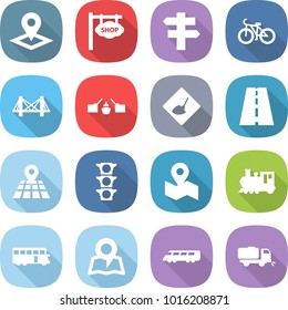 flat vector icon set - pointer vector, shop signboard, singlepost, bike, bridge, drawbridge, under construction, road, map, traffic light, train, bus, speed, sweeper