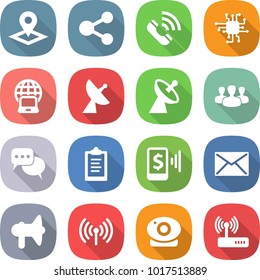 flat vector icon set - pointer vector, share, call, chip, notebook globe, satellite antenna, group, discussion, clipboard, mobile pay, mail, loudspeaker, wireless, web camera, router