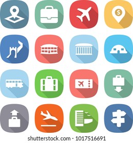 flat vector icon set - pointer vector, portfolio, plane, dollar pin, greate wall, airport building, dome house, bus, suitcase, ticket, baggage get, arrival, hotel, signpost