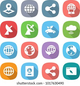 flat vector icon set - pointer vector, globe, share, notebook, satellite antenna, eco car, cloud wireless, delivery, earth, passport, browser window