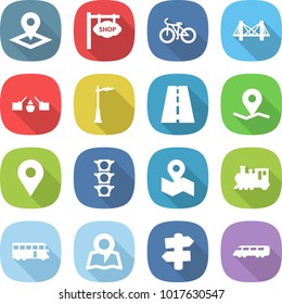 flat vector icon set - pointer vector, shop signboard, bike, bridge, drawbridge, outdoor light, road, geo pin, traffic, map, train, bus, signpost, speed
