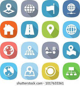 flat vector icon set - pointer vector, globe, flag, connect, home, road, geo pin, map, route a to b, earth, orbit, hierarchy