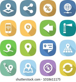 flat vector icon set - pointer vector, share, percent, globe connect, phone wireless, dollar pin, left arrow, lighthouse, geo, location details, map, route, compass, reload