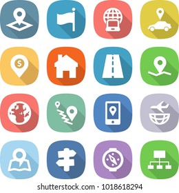 flat vector icon set - pointer vector, flag, notebook globe, car, dollar pin, home, road, geo, route, mobile location, plane shipping, map, signpost, compass, hierarchy