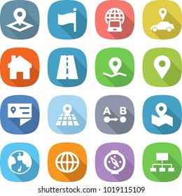 flat vector icon set - pointer vector, flag, notebook globe, car, home, road, geo pin, location details, map, route a to b, earth, compass, hierarchy