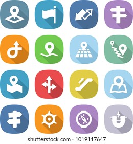 flat vector icon set - pointer vector, flag, up down arrow, singlepost, trip, geo pin, map, route, escalator, signpost, handwheel, compass, electric magnet