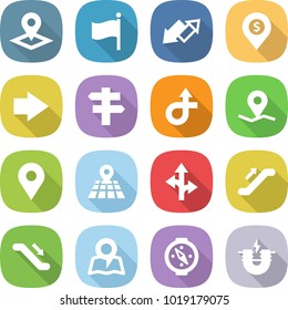 flat vector icon set - pointer vector, flag, up down arrow, dollar pin, right, singlepost, trip, geo, map, route, escalator, compass, electric magnet