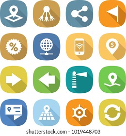 flat vector icon set - pointer vector, share, flag, percent, globe connect, phone wireless, dollar pin, right arrow, left, lighthouse, geo, location details, map, handwheel, reload