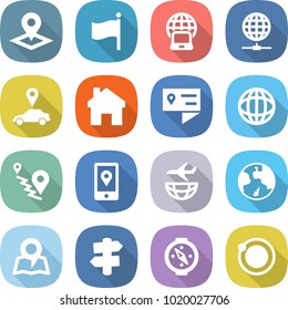 flat vector icon set - pointer vector, flag, notebook globe, connect, car, home, location details, route, mobile, plane shipping, earth, map, signpost, compass, orbit