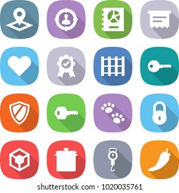 flat vector icon set - pointer vector, target audience, annual report, atm receipt, heart, medal, pallet, key, shield, pets, lock, 3d, pan, handle scales, hot pepper