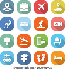 flat vector icon set - pointer vector, portfolio, plane, car, great wall, bus, tourist, ticket, baggage get, arrival, hotel, trolley, transfer, signpost, flip flops, bed