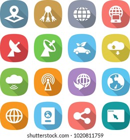 flat vector icon set - pointer vector, share, globe, notebook, satellite antenna, eco car, cloud service, wireless, delivery, earth, passport, browser window