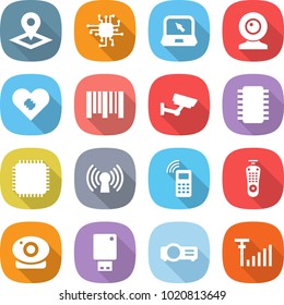 flat vector icon set - pointer vector, chip, notebook, web cam, pacemaker, bar code, surveillance, cpu, antenna, mobile phone, remote control, camera, usb flash, projector, signal