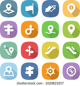 flat vector icon set - pointer vector, flag, up down arrow, dollar pin, singlepost, trip, geo, route, escalator, map, signpost, handwheel, compass
