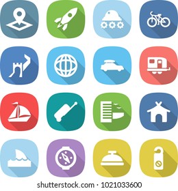 flat vector icon set - pointer vector, rocket, lunar rover, bike, greate wall, globe, car baggage, trailer, sail boat, suitcase, hotel, bungalow, shark flipper, compass, service bell, do not distrub