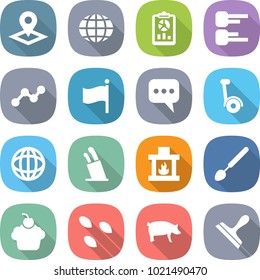 flat vector icon set - pointer vector, globe, report, diagram, graph, flag, message, gyroscooter, stands for knives, fireplace, big spoon, cupcake, seeds, pig, scraper