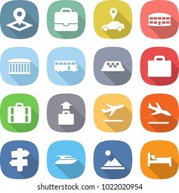 flat vector icon set - pointer vector, portfolio, car, airport building, bus, taxi, suitcase, baggage, departure, arrival, signpost, yacht, landscape, bed