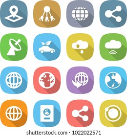 flat vector icon set - pointer vector, share, globe, satellite antenna, eco car, cloud service, wireless, delivery, earth, passport, orbit