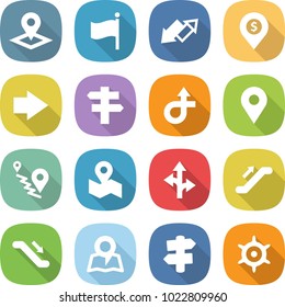 flat vector icon set - pointer vector, flag, up down arrow, dollar pin, right, singlepost, trip, geo, route, map, escalator, signpost, handwheel