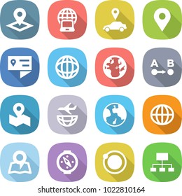 flat vector icon set - pointer vector, notebook globe, car, geo pin, location details, route a to b, map, plane shipping, earth, compass, orbit, hierarchy
