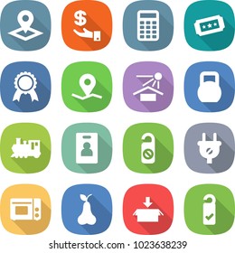 flat vector icon set - pointer vector, investment, calculator, ticket, medal, geo pin, sun potection, heavy, train, identity card, do not distrub, plug, grill oven, pear, package, please clean