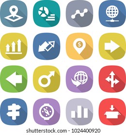 flat vector icon set - pointer vector, diagram, graph, globe connect, up, down arrow, dollar pin, right, left, male sign, delivery, route, signpost, compass, chart, package