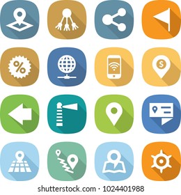 flat vector icon set - pointer vector, share, flag, percent, globe connect, phone wireless, dollar pin, left arrow, lighthouse, geo, location details, map, route, handwheel