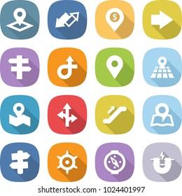 flat vector icon set - pointer vector, up down arrow, dollar pin, right, singlepost, trip, geo, map, route, escalator, signpost, handwheel, compass, electric magnet