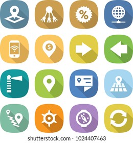flat vector icon set - pointer vector, share, percent, globe connect, phone wireless, dollar pin, right arrow, left, lighthouse, geo, location details, map, route, handwheel, compass, reload