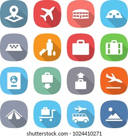 flat vector icon set - pointer vector, plane, airport building, dome house, taxi, passenger, suitcase, passport, baggage get, arrival, tent, trolley, transfer, landscape