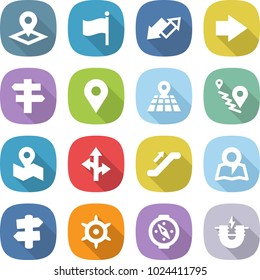 flat vector icon set - pointer vector, flag, up down arrow, right, singlepost, geo pin, map, route, escalator, signpost, handwheel, compass, electric magnet