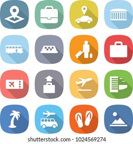 flat vector icon set - pointer vector, portfolio, car, airport building, bus, taxi, passenger, suitcase, ticket, baggage, departure, hotel, palm, transfer, flip flops, landscape