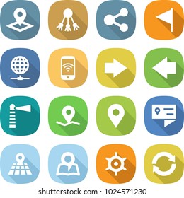 flat vector icon set - pointer vector, share, flag, globe connect, phone wireless, right arrow, left, lighthouse, geo pin, location details, map, handwheel, reload