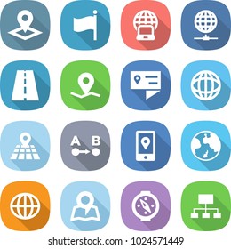 flat vector icon set - pointer vector, flag, notebook globe, connect, road, geo pin, location details, map, route a to b, mobile, earth, compass, hierarchy