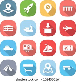 flat vector icon set - pointer vector, rocket, dollar pin, bridge, airport building, sea shipping, package, plane, car baggage, trailer, sail boat, ticket, tent, lounger, map