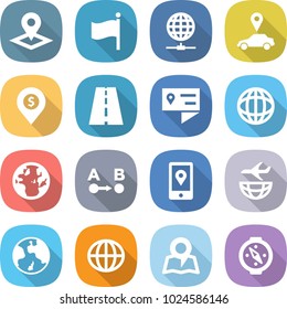 flat vector icon set - pointer vector, flag, globe connect, car, dollar pin, road, location details, route a to b, mobile, plane shipping, earth, map, compass