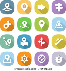flat vector icon set - pointer vector, dollar pin, right arrow, singlepost, trip, geo, map, route, escalator, handwheel, compass, electric magnet