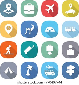 flat vector icon set - pointer vector, portfolio, plane, car, dollar pin, greate wall, dome house, bus, tourist, suitcase, baggage get, tent, palm, transfer, signpost