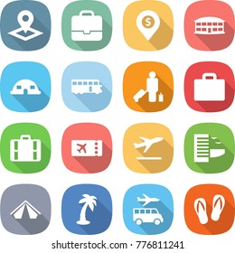 flat vector icon set - pointer vector, portfolio, dollar pin, airport building, dome house, bus, passenger, suitcase, ticket, departure, hotel, tent, palm, transfer, flip flops