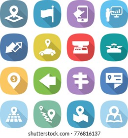 flat vector icon set - pointer vector, flag, touch, presentation, up down arrow, car, market scales, dollar pin, left, singlepost, location details, map, route
