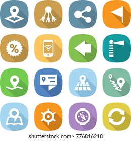 flat vector icon set - pointer vector, share, flag, percent, phone wireless, left arrow, lighthouse, geo pin, location details, map, route, handwheel, compass, reload
