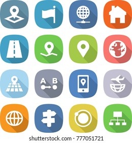 flat vector icon set - pointer vector, flag, globe connect, home, road, geo pin, map, route a to b, mobile location, plane shipping, signpost, orbit, hierarchy