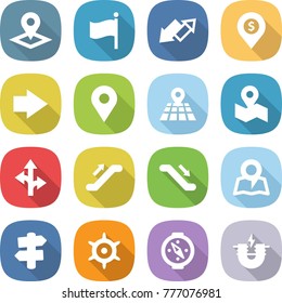 flat vector icon set - pointer vector, flag, up down arrow, dollar pin, right, geo, map, route, escalator, signpost, handwheel, compass, electric magnet