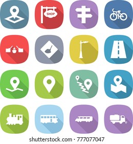 flat vector icon set - pointer vector, shop signboard, singlepost, bike, drawbridge, under construction, outdoor light, road, geo pin, route, map, train, bus, speed, sweeper